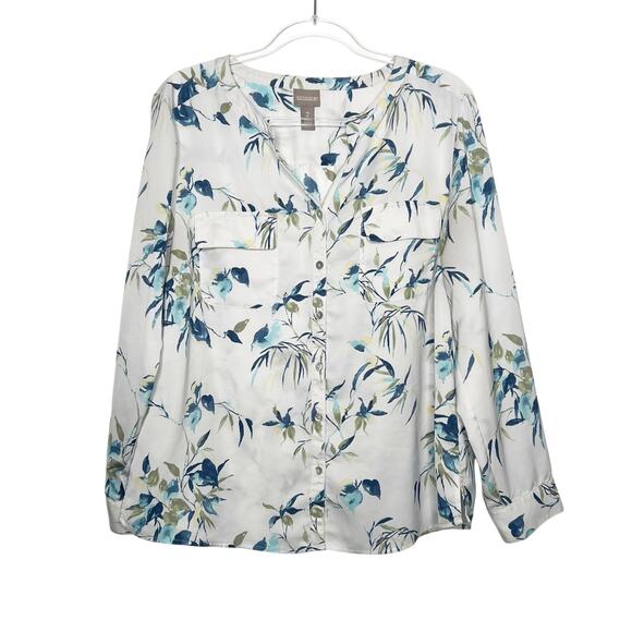 CHICO'S Summer Indigo Easy Utility Shirt Button Down Floral White Blue Size L - Picture 2 of 9